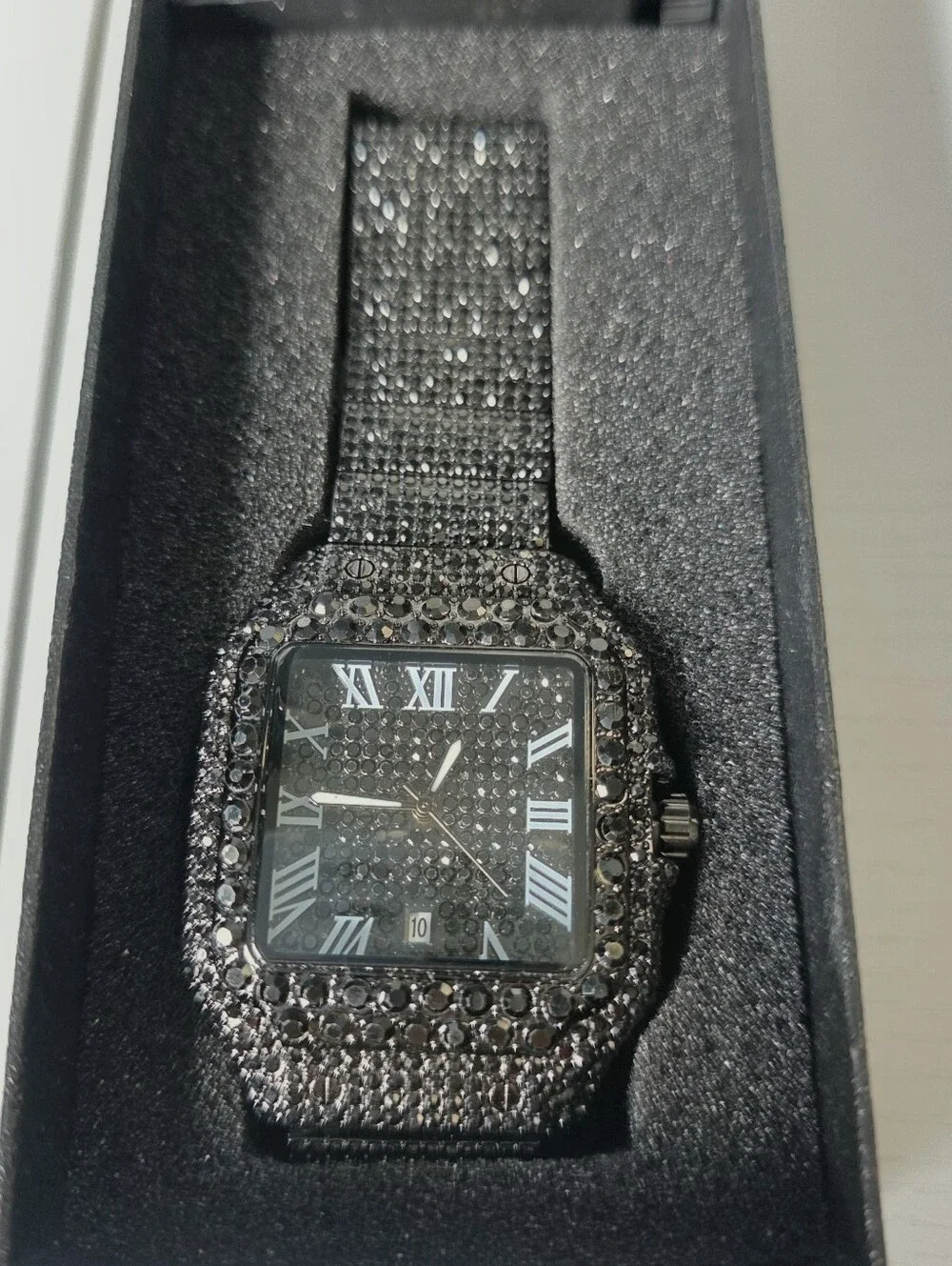 344.  Black Crystal-Embellished Square Face Watch
